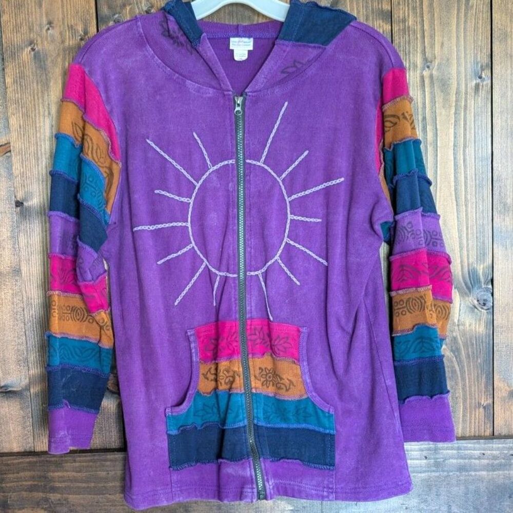 Greater Good Network L/XL Patchwork Boho Sun Embroidered Zip Hoodie Nepal Purple